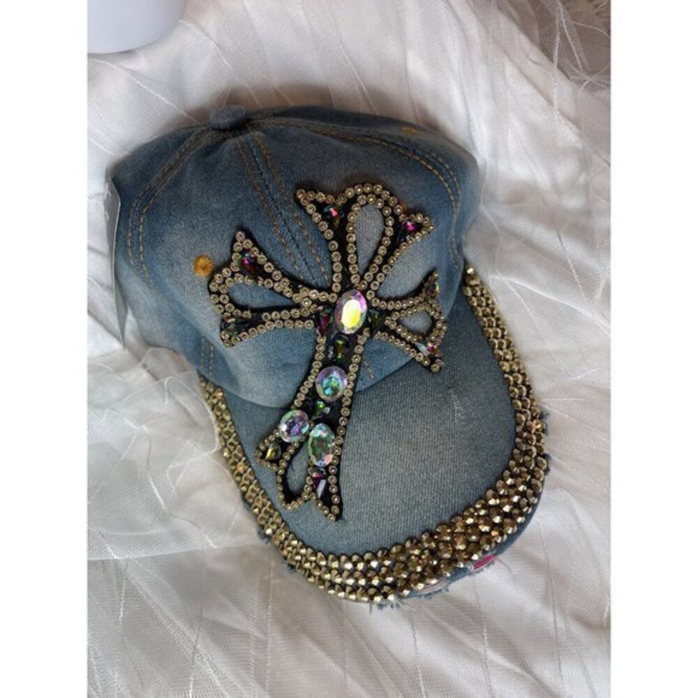 Distressed Denim Cross Rhinestone Bling Cap - Picture 3 of 8